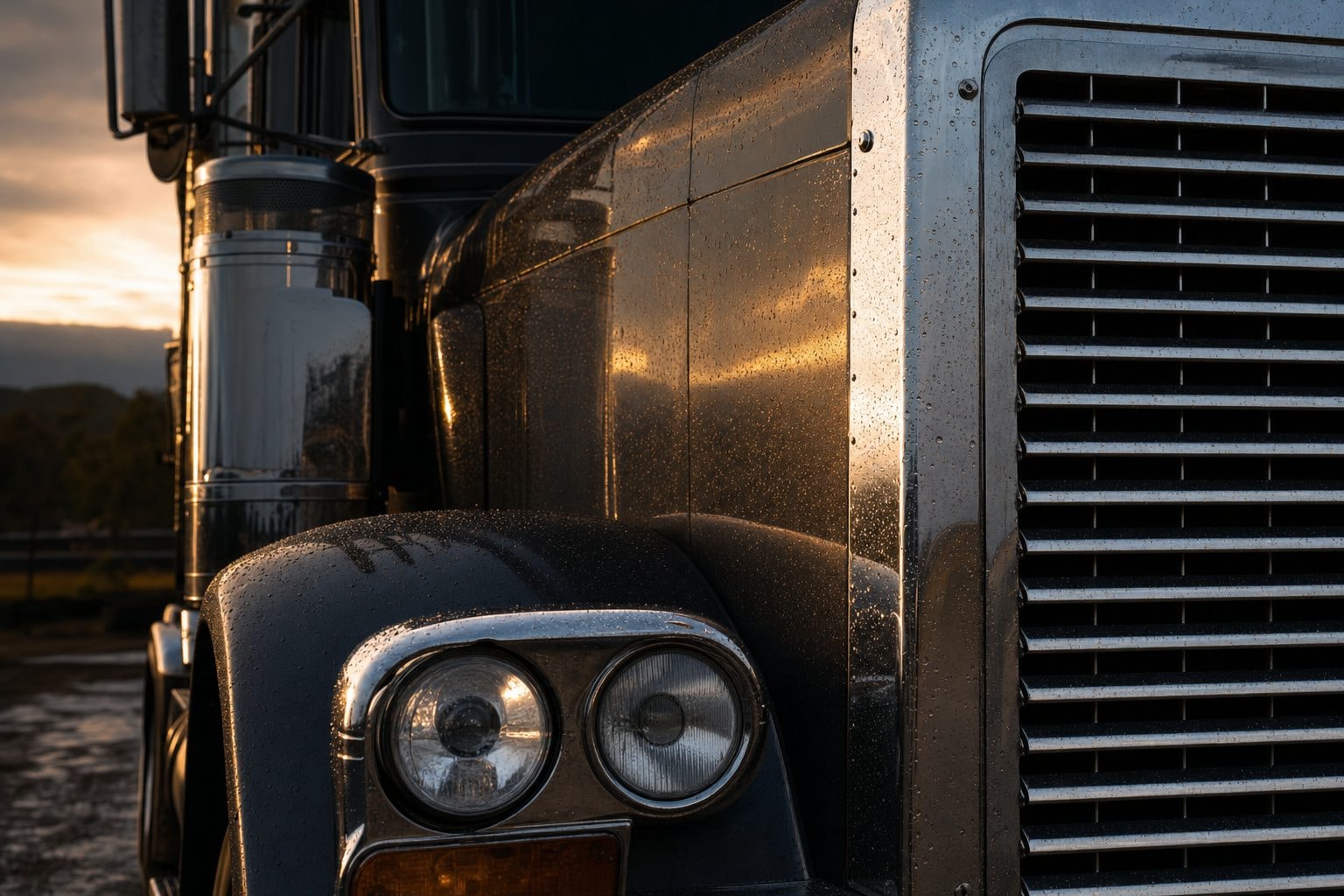 Detail of a semi-truck at golden hour