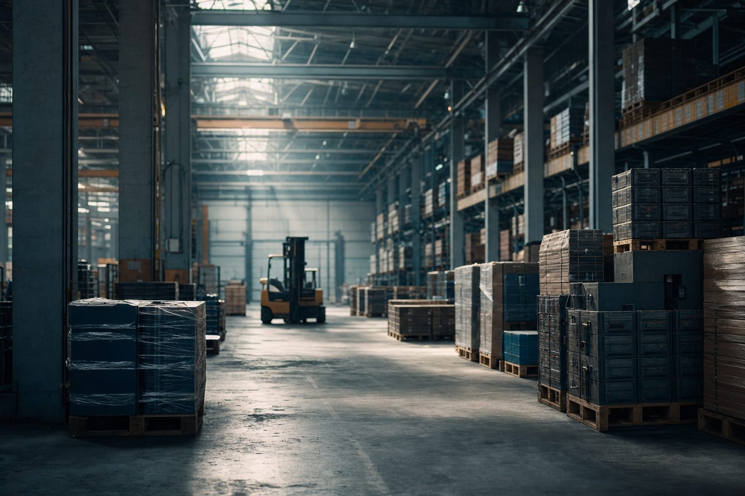 Industrial warehouse floor with pallet racks and freight